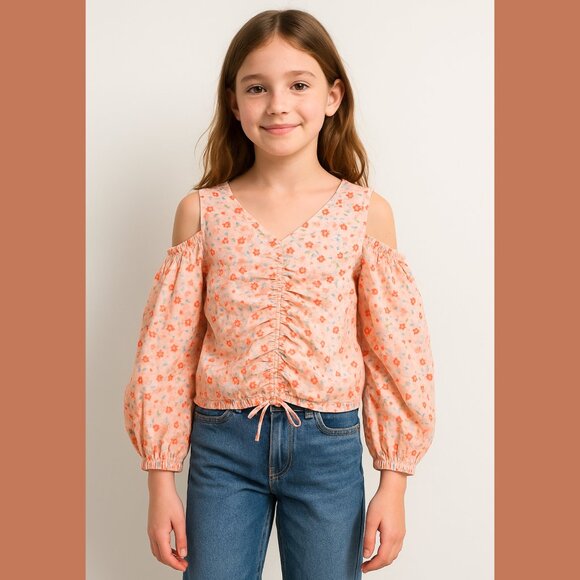 Zara, Cold Shoulder Balloon Sleeve Floral Top, Pink w red/blue print, Sz 11 - 12 - Picture 1 of 9